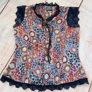 Free People Woman’s Size 12 Silk Floral Blouse Lace Blue Sleeveless Ruffles Top